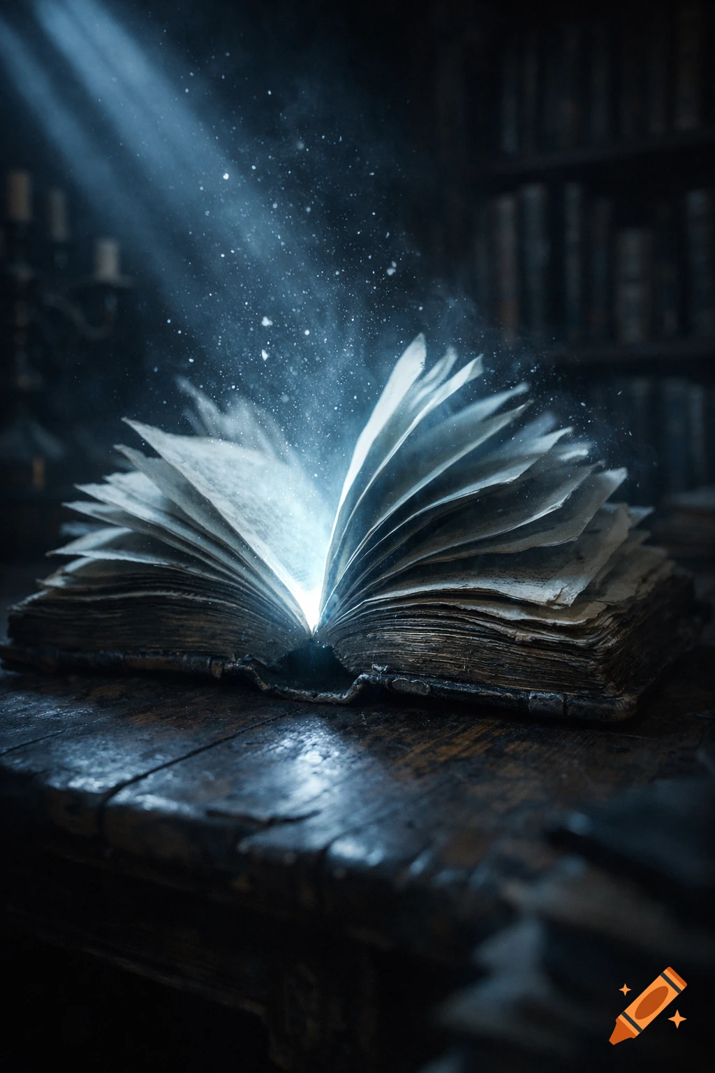 An ancient, glowing book opens on a dark wooden table, surrounded by floating dust particles in a moody, cinematic style.
