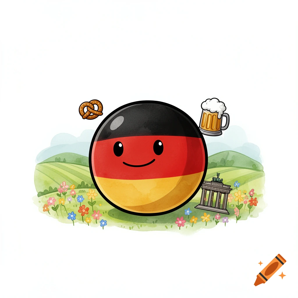 A smiling German flag countryball character in a flowery field with a pretzel, beer, and Brandenburg Gate, watercolor illustration.