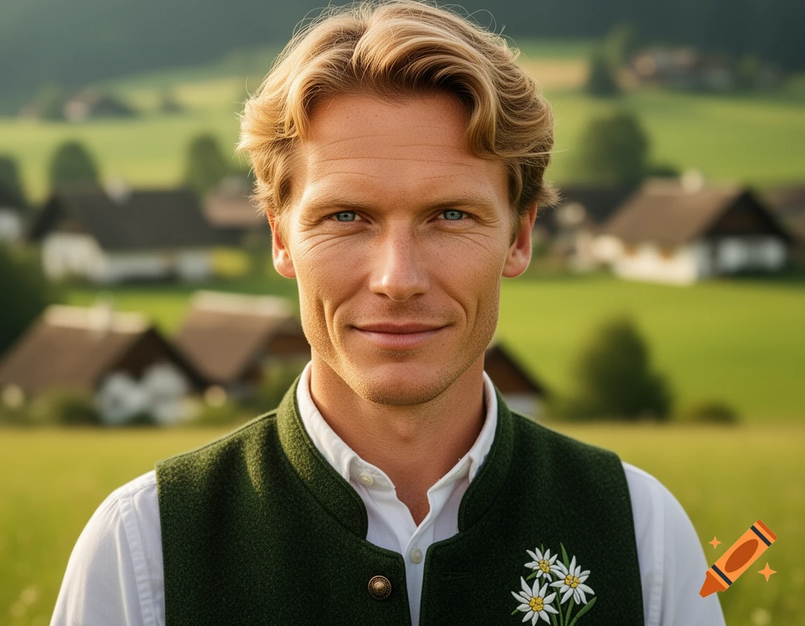 Photorealistic portrait of a smiling man with blonde hair in a green traditional vest with edelweiss, rural background.