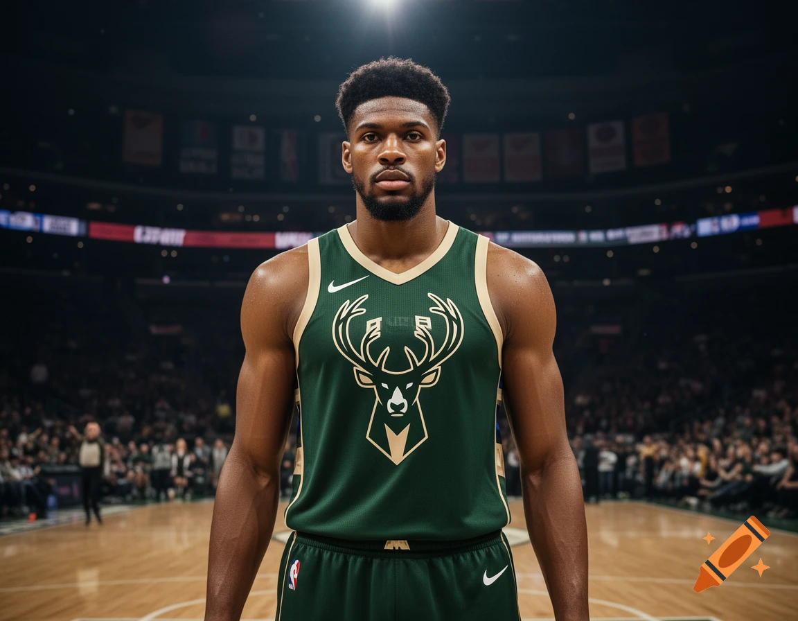 A hyper-realistic photo of a male basketball player wearing a green Milwaukee Bucks jersey, standing on a court.