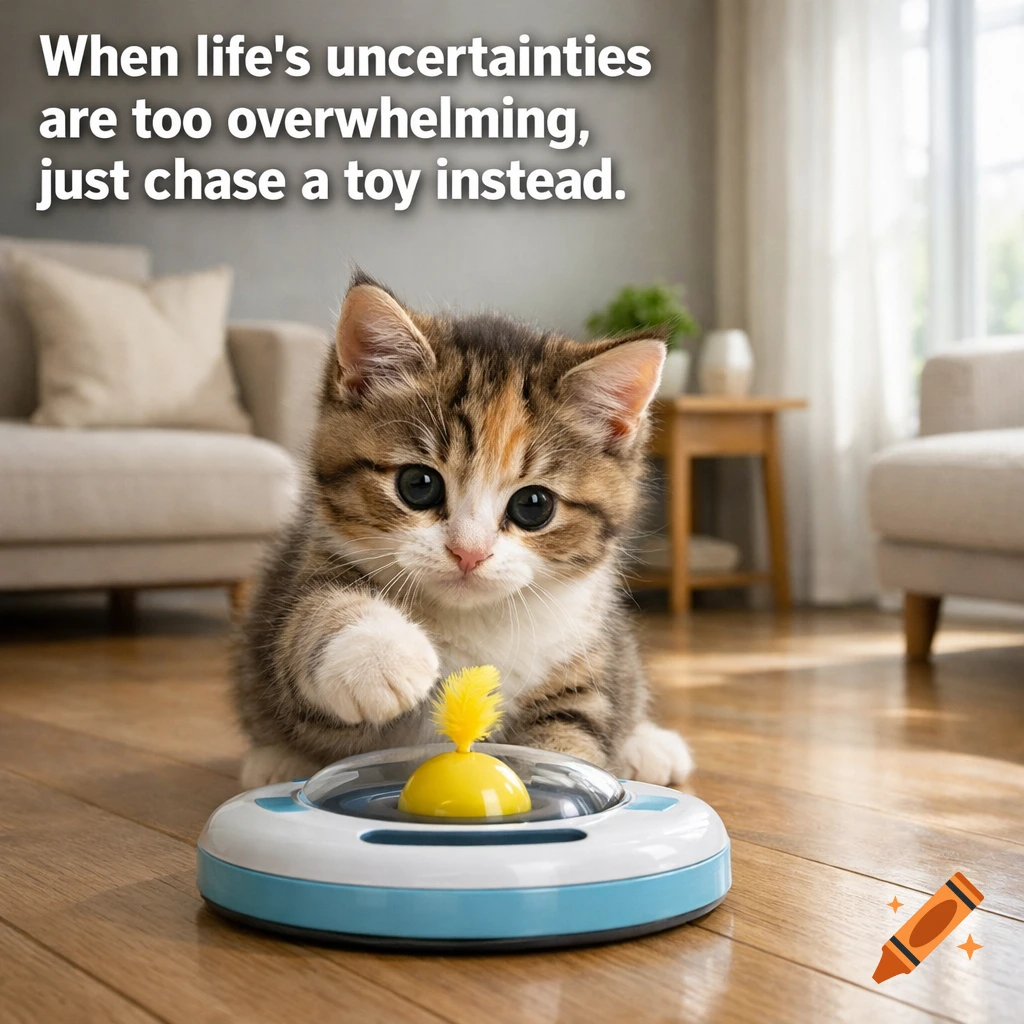 A cute tabby kitten with big eyes plays with a yellow feather toy on a wooden floor, with motivational text.