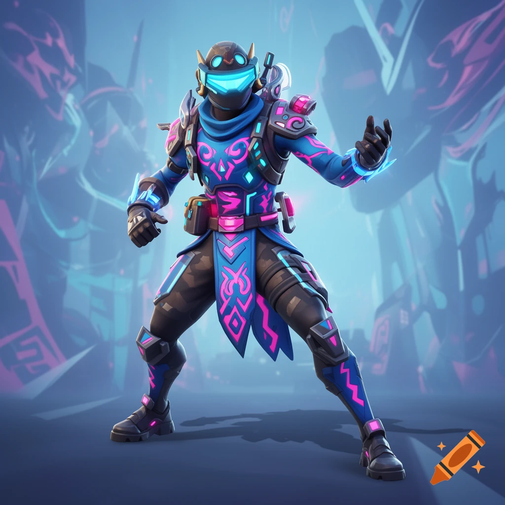 A stylized character in blue and pink neon sci-fi armor, posing in a dynamic stance against a blurry futuristic background.