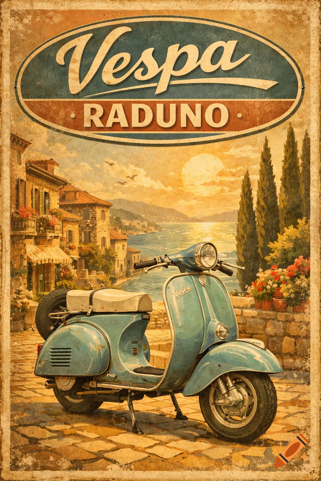 A vintage style poster features a light blue Vespa scooter parked on a cobbled street overlooking a coastal town and a bay at sunset, with text 'Vespa Raduno' at the top.