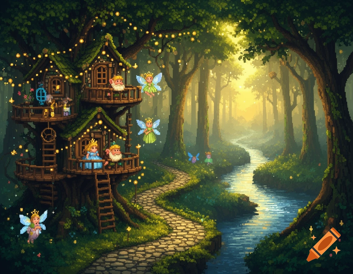 Pixel art of a magical forest with a three-story treehouse inhabited by dwarves, fairies, and a princess, adorned with glowing lights and a winding river.
