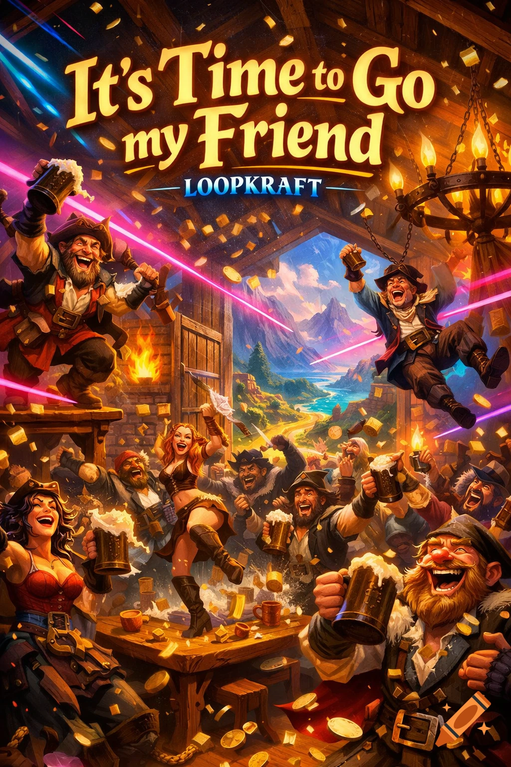 Vibrant, chaotic fantasy tavern celebration with pirates, adventurers, and dwarves, under a magical mountain and ocean backdrop.