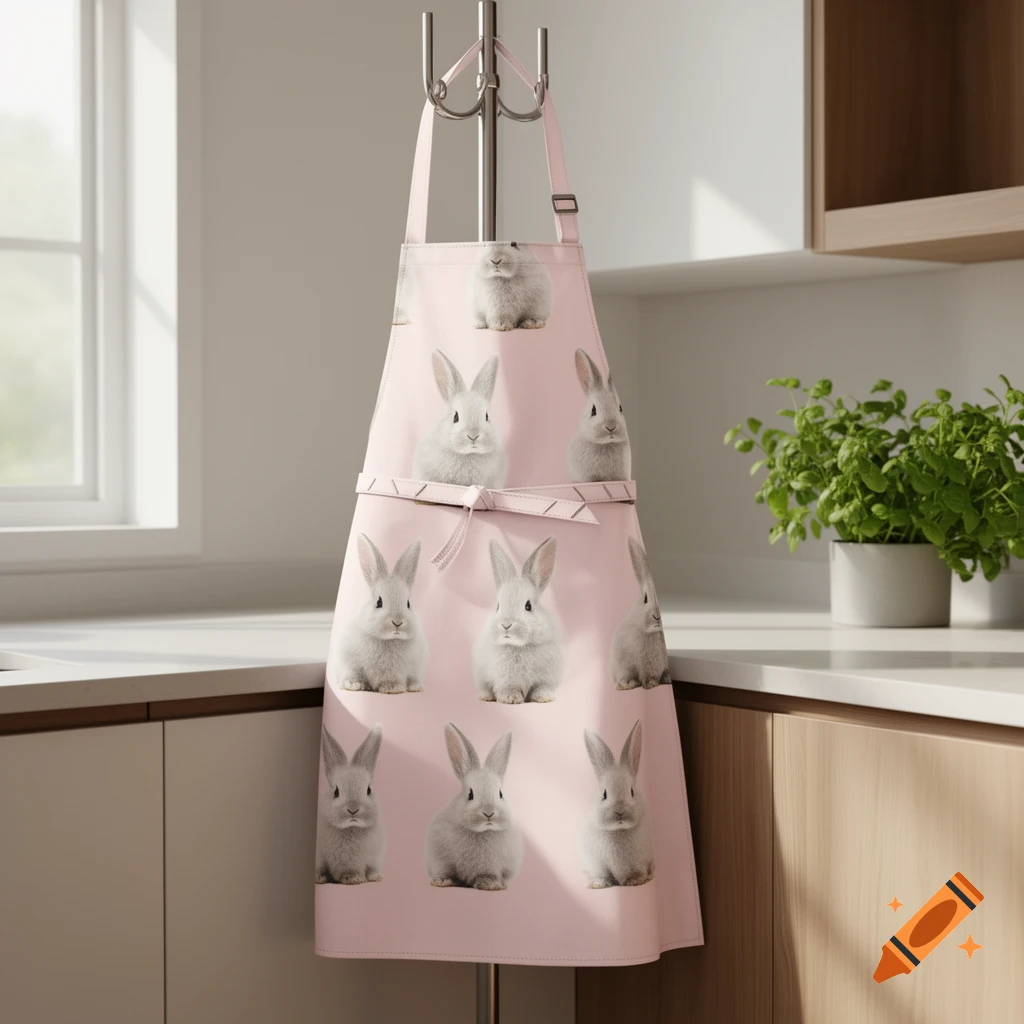 A light pink apron with multiple fluffy baby bunny prints hangs in a bright kitchen.