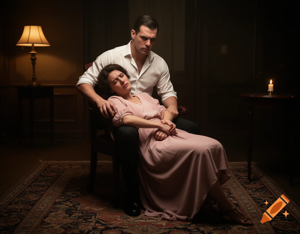 A man in a white shirt holds a distressed woman in a pink dress in his lap, in a dimly lit room.