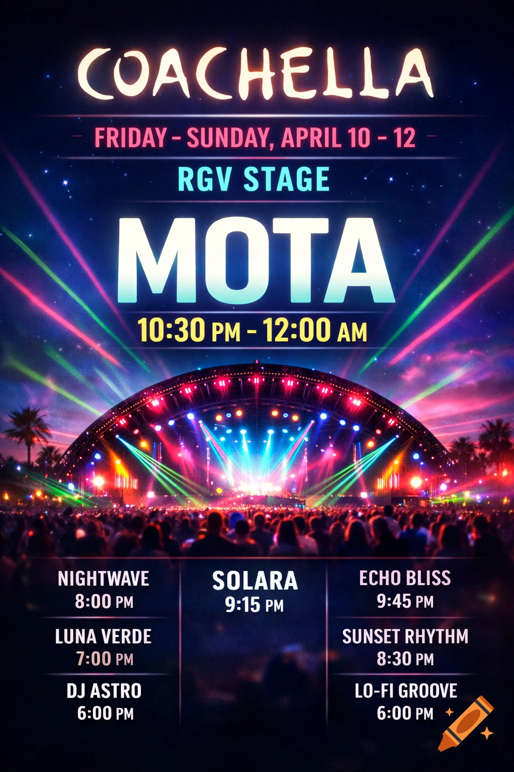 A vibrant concert poster for Coachella featuring 'MOTA' at the RGV Stage, with a large crowd in front of a brightly lit stage under a starry sky, listing artist set times.