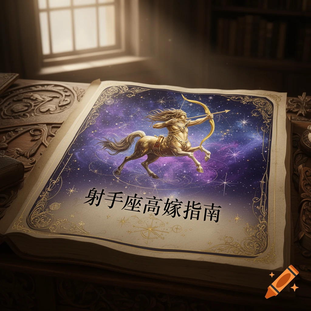 An open, ornate book on a wooden table, showing a golden centaur with a bow and arrow against a starry galaxy background. Sunlight streams from a window.