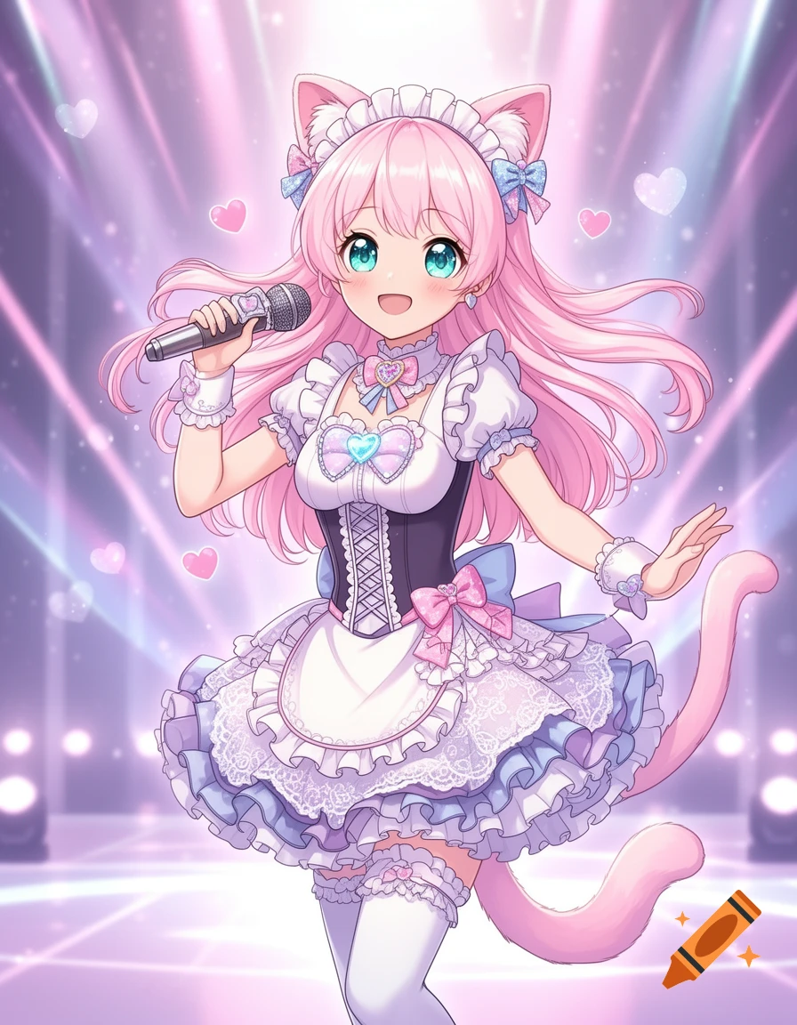 Anime catgirl idol with pink hair in a maid outfit, holding a microphone on a stage with pink spotlights and hearts.