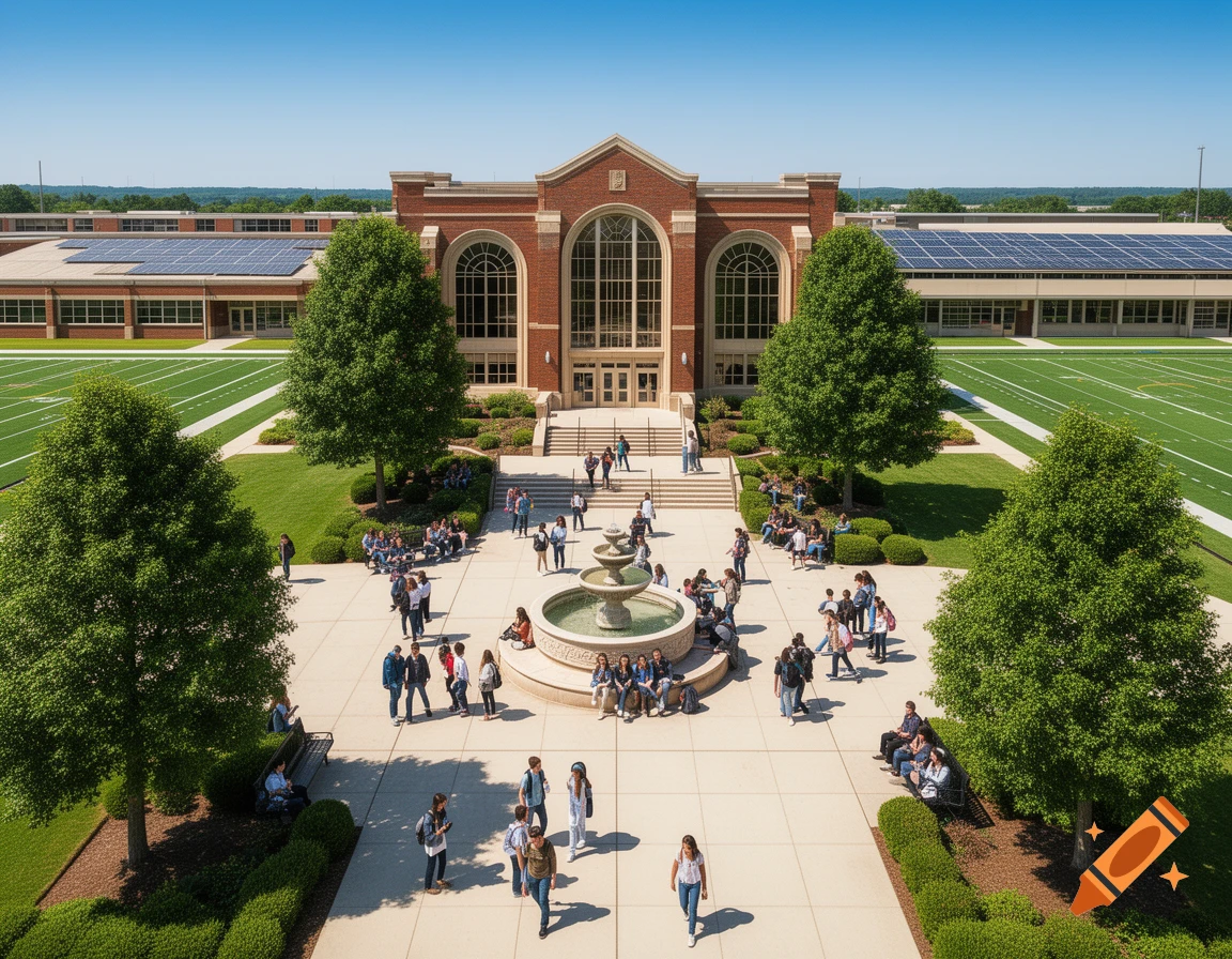 Aerial view of a sprawling high school campus with a brick building, a central courtyard fountain, and sports fields. Students gather and walk around the grounds under a clear blue sky.