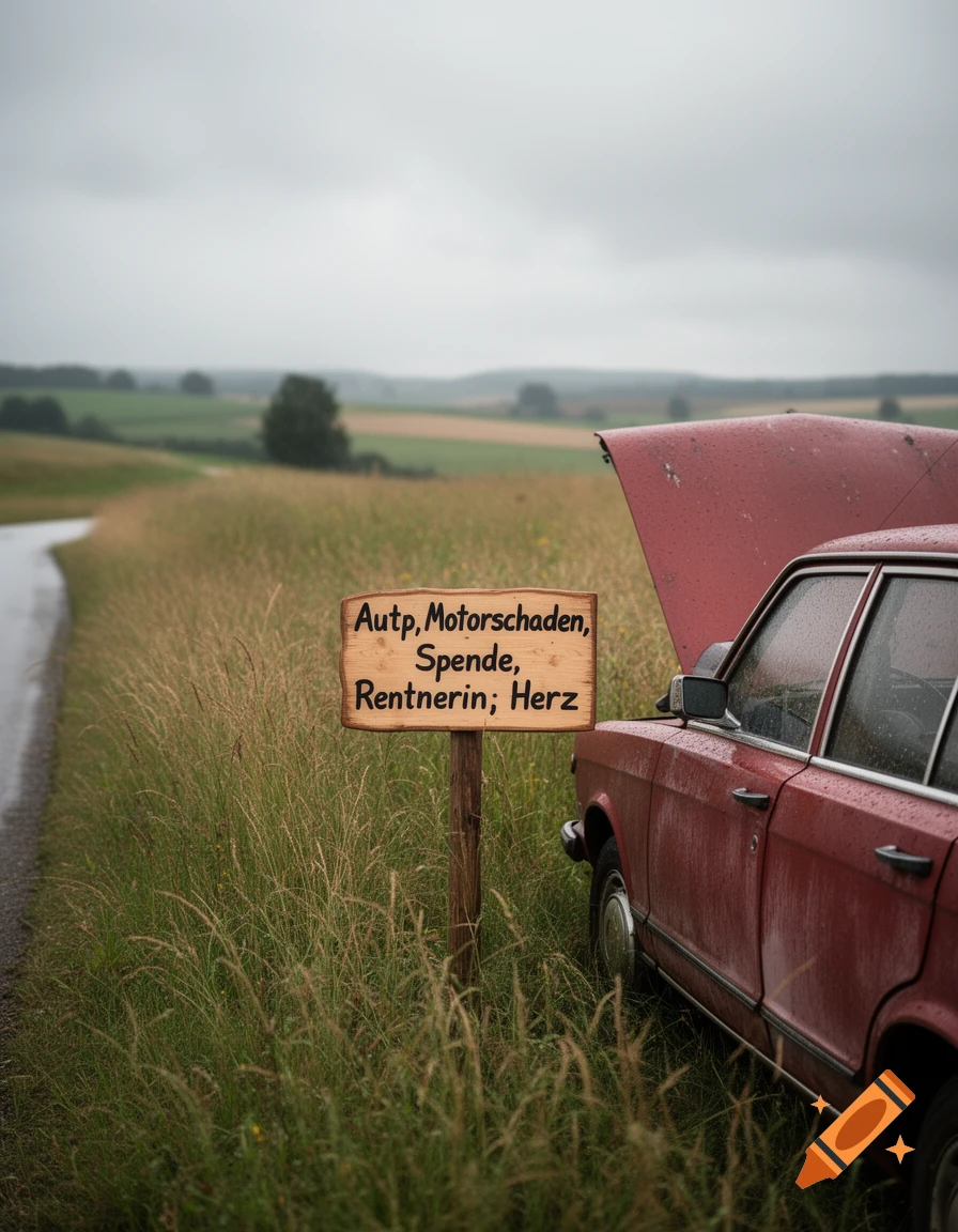 A red car with its hood up, broken down on a rainy rural roadside next to a wooden sign in a field.