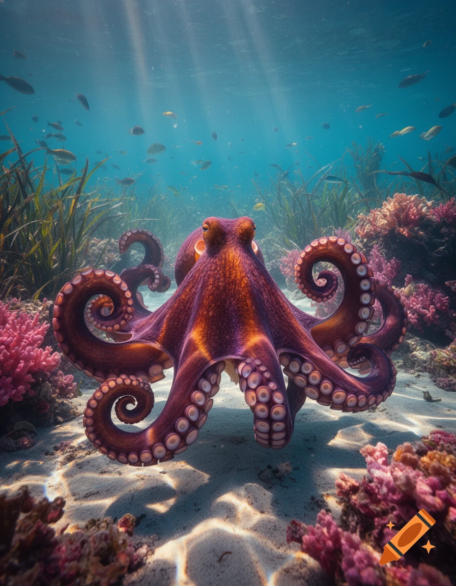 A vibrant red and purple octopus rests on a sandy seabed amidst colorful coral and seaweed, with sunlight in blue water. Photorealistic.