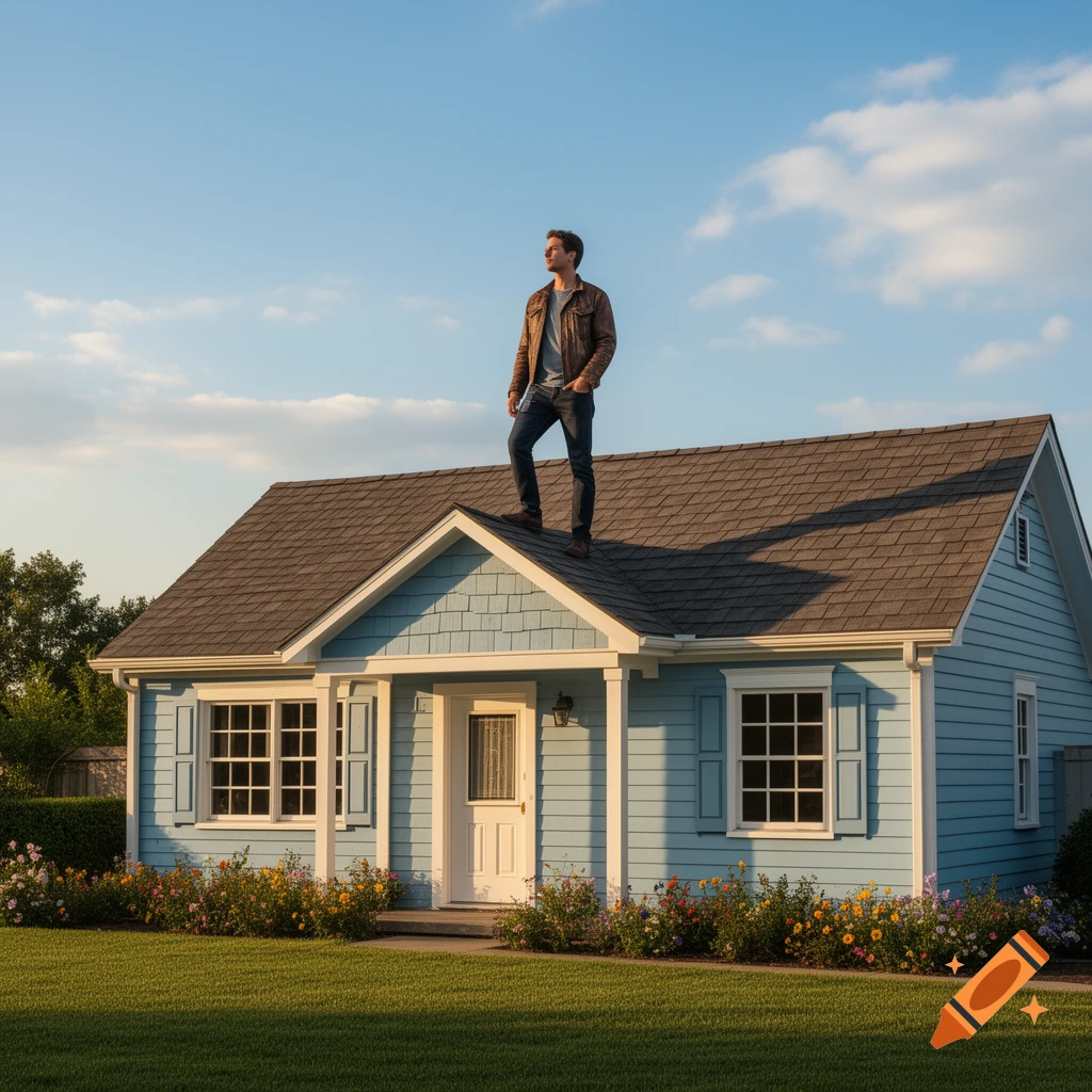 A man in a brown jacket stands on the peak of a blue house roof under a clear sky, with a green lawn and flowers.