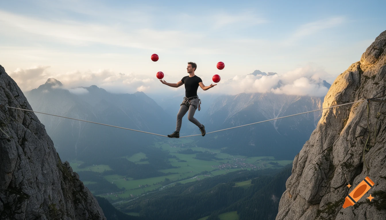 A man tightrope walking between two majestic mountains, juggling four red balls high above a lush valley.