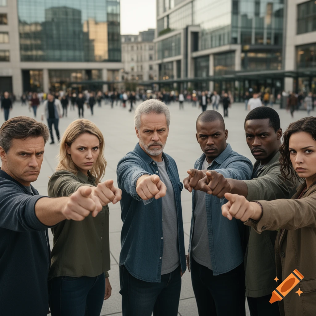 Six diverse people with stern expressions point directly at the viewer in a bustling city square, photorealistic.
