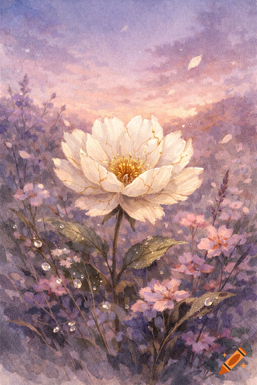 Watercolor painting of a white flower with golden center, surrounded by smaller purple and pink flowers, dew drops, and a pastel sky.