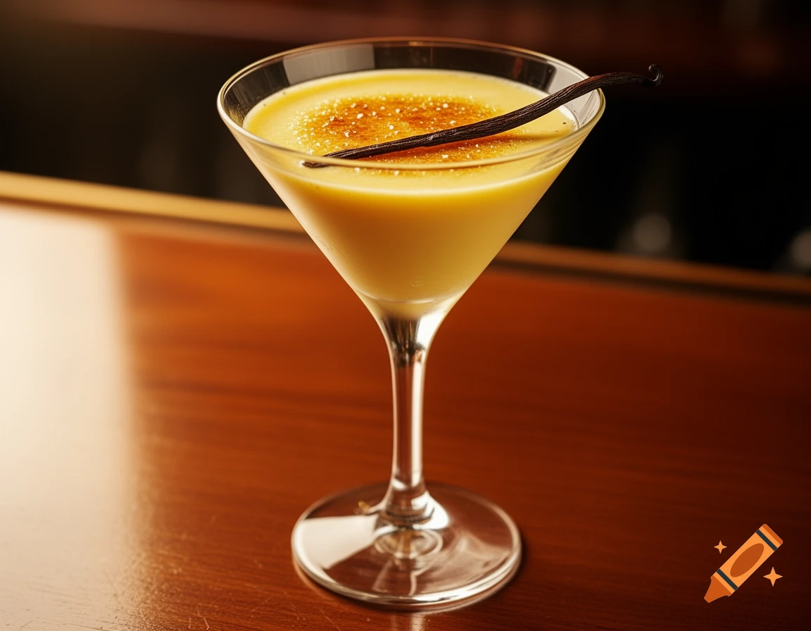 Photorealistic creme brulee cocktail in a martini glass, topped with caramelized sugar and a vanilla bean, on a wooden bar.
