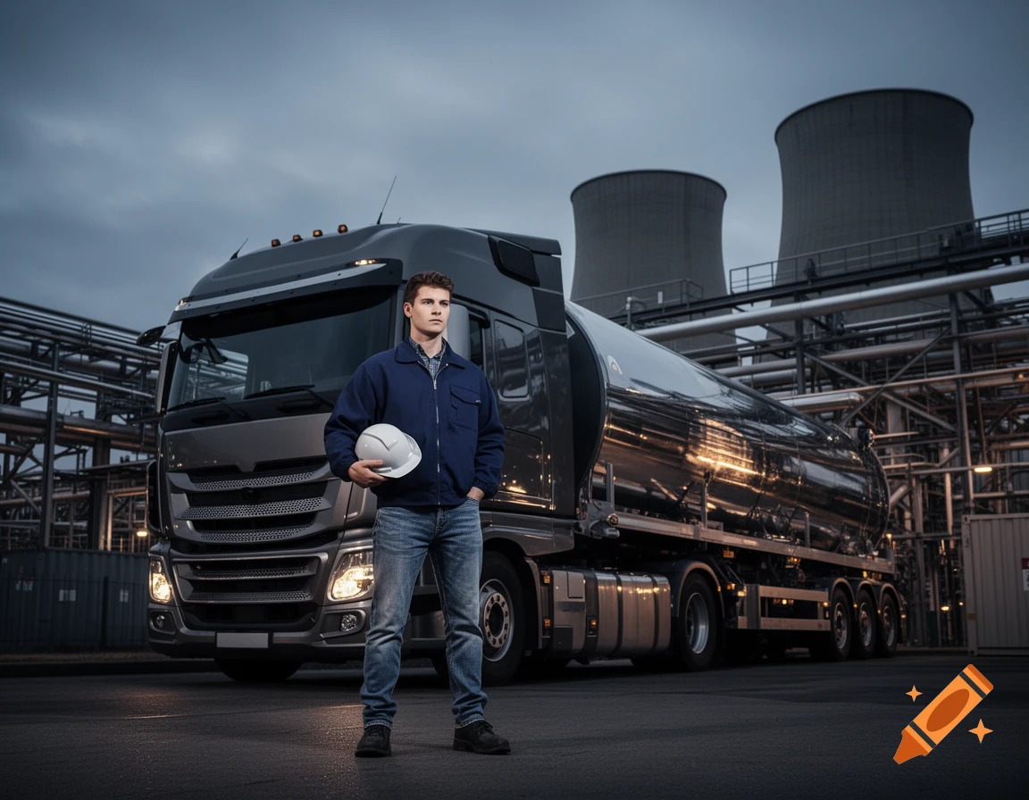 A truck driver holds a hard hat in front of a tanker truck and an industrial plant at dusk.