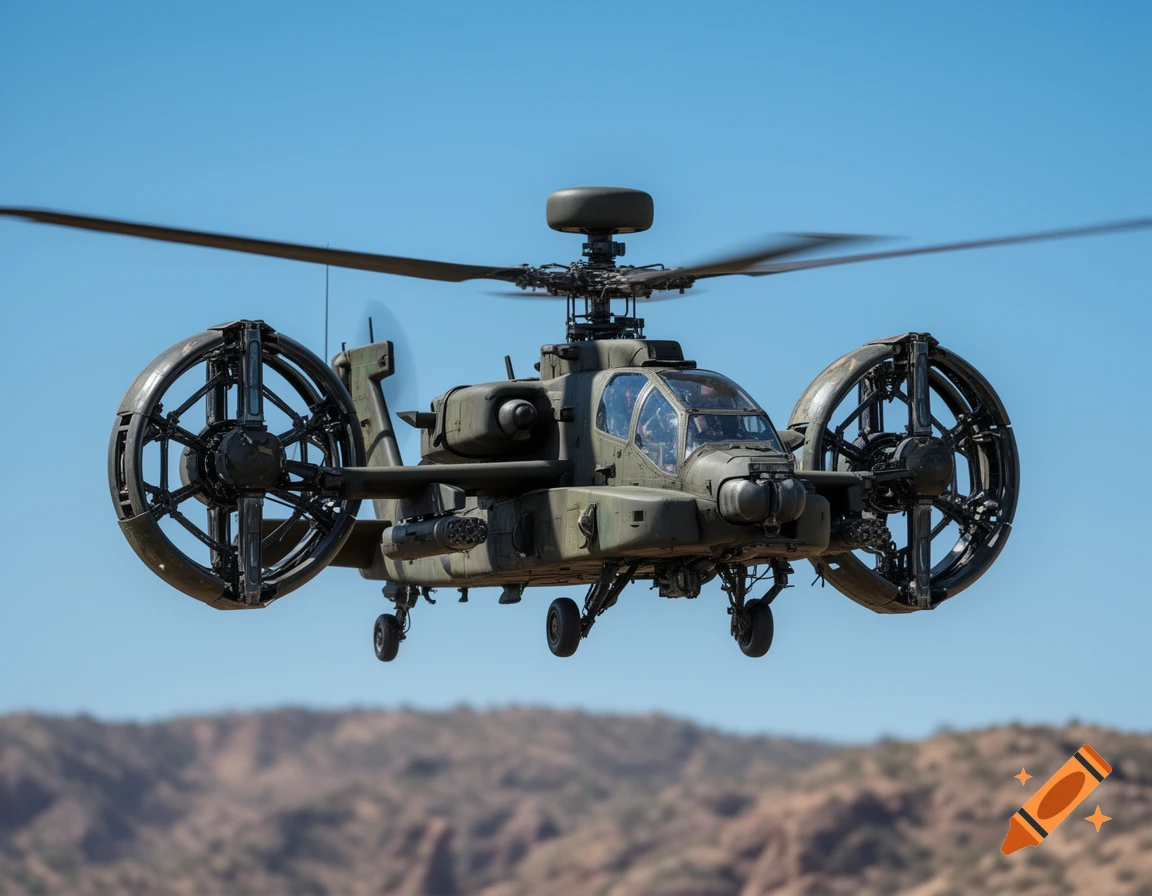 A military helicopter with large ducted rotors on its sides, flying against a blue sky over mountains.