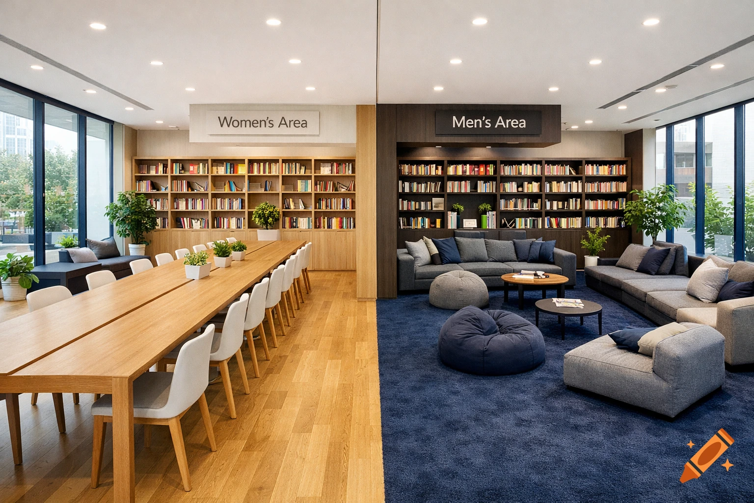 Photorealistic modern interior divided into a 'Women's Area' with a long table and 'Men's Area' with blue carpet, sofas, and bookshelves.