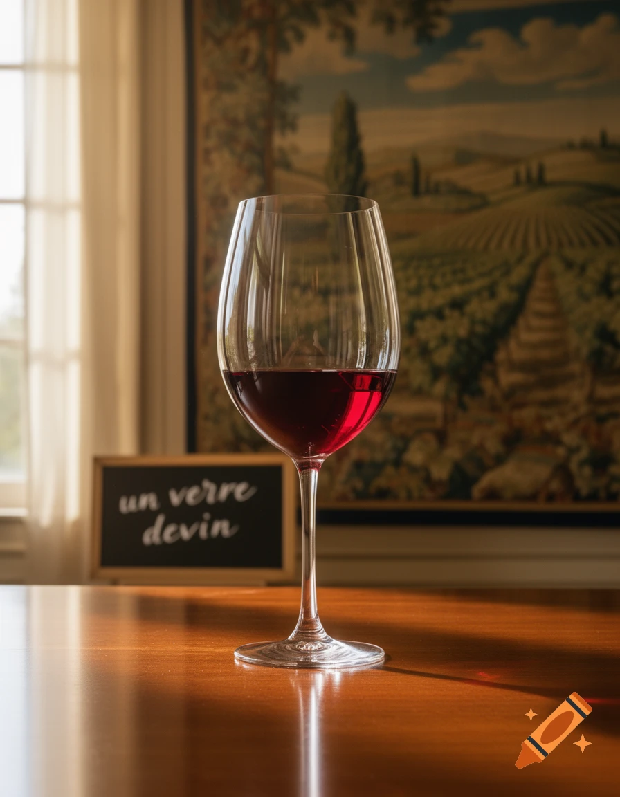 A glass of red wine on a wooden table, with a blackboard sign "un verre devin" and a vineyard tapestry in the background.