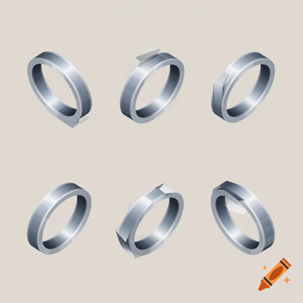 Six silver isometric rings displayed from different rotational angles on a light background.