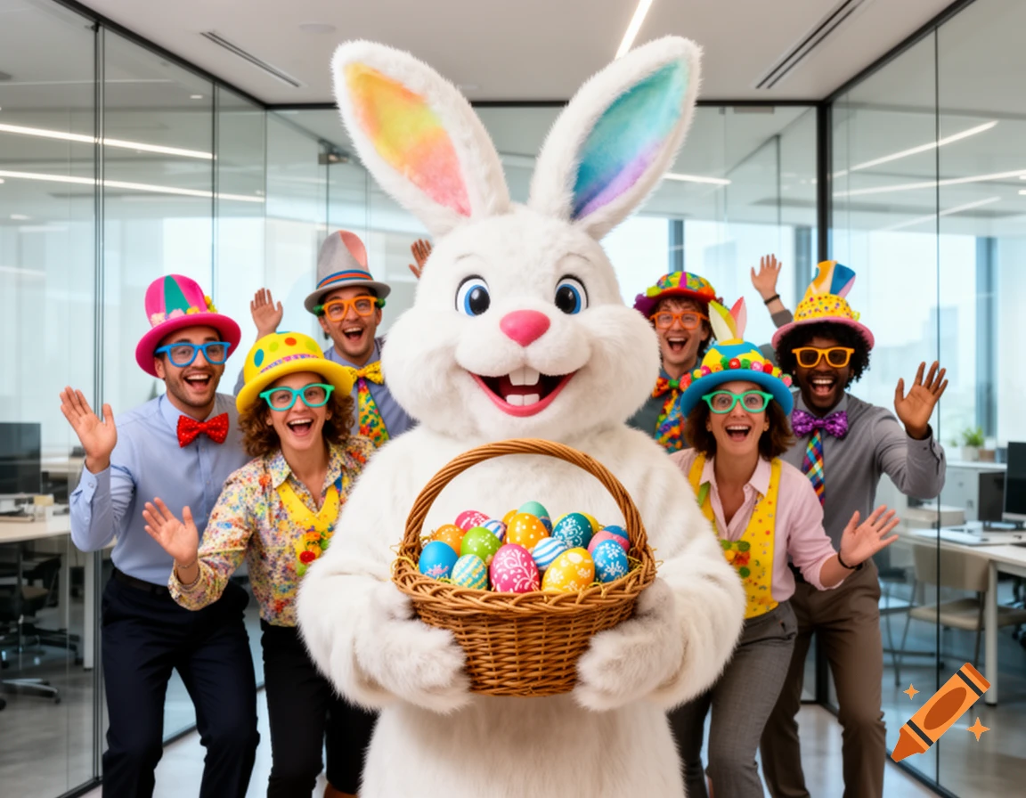 A happy Easter Bunny holding a basket of colorful eggs poses with six smiling coworkers in a modern office, all wearing funny hats and glasses.