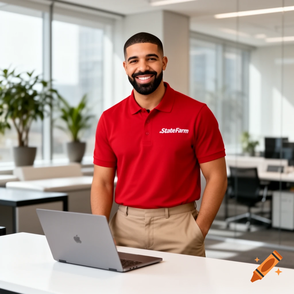 A smiling man resembling Drake, wearing a red State Farm polo shirt, stands next to a laptop in a modern office.
