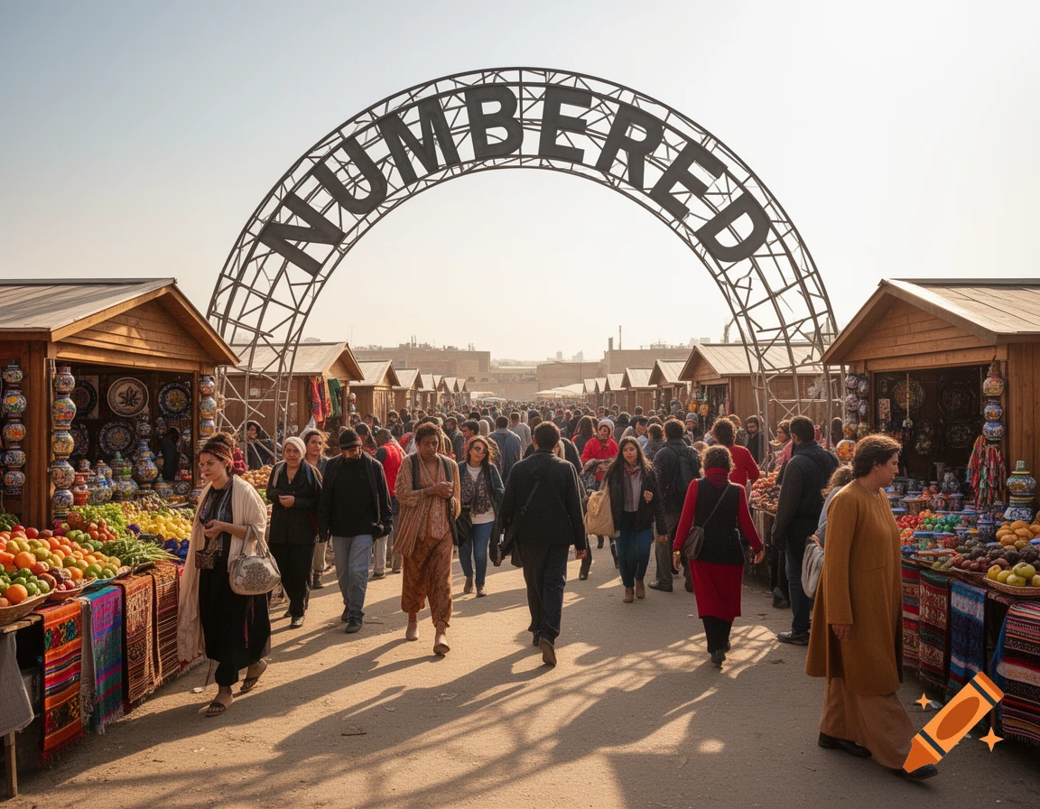 A bustling outdoor market with numerous people walking beneath a large archway that reads 'NUMBERED'. Stalls filled with colorful produce and pottery line the path.