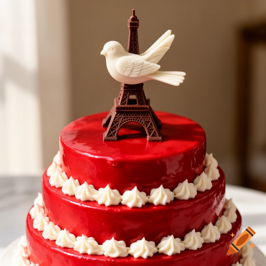 A three-tiered cake with glossy red glaze, white piped cream, topped with a chocolate Eiffel Tower and a white chocolate bird.