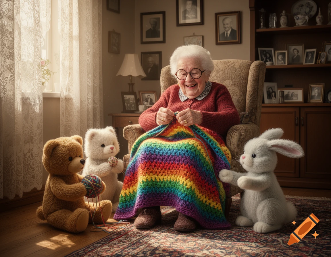 Smiling elderly woman knitting a rainbow blanket, surrounded by a teddy bear, a polar bear, and a rabbit, in a cozy sunlit room.