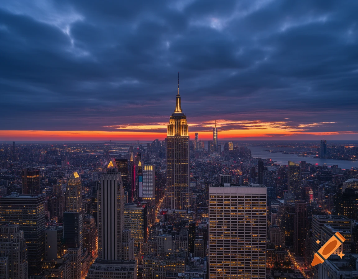 Photorealistic view of the illuminated Empire State Building towering over the dense New York City skyline at dramatic cloudy dusk.