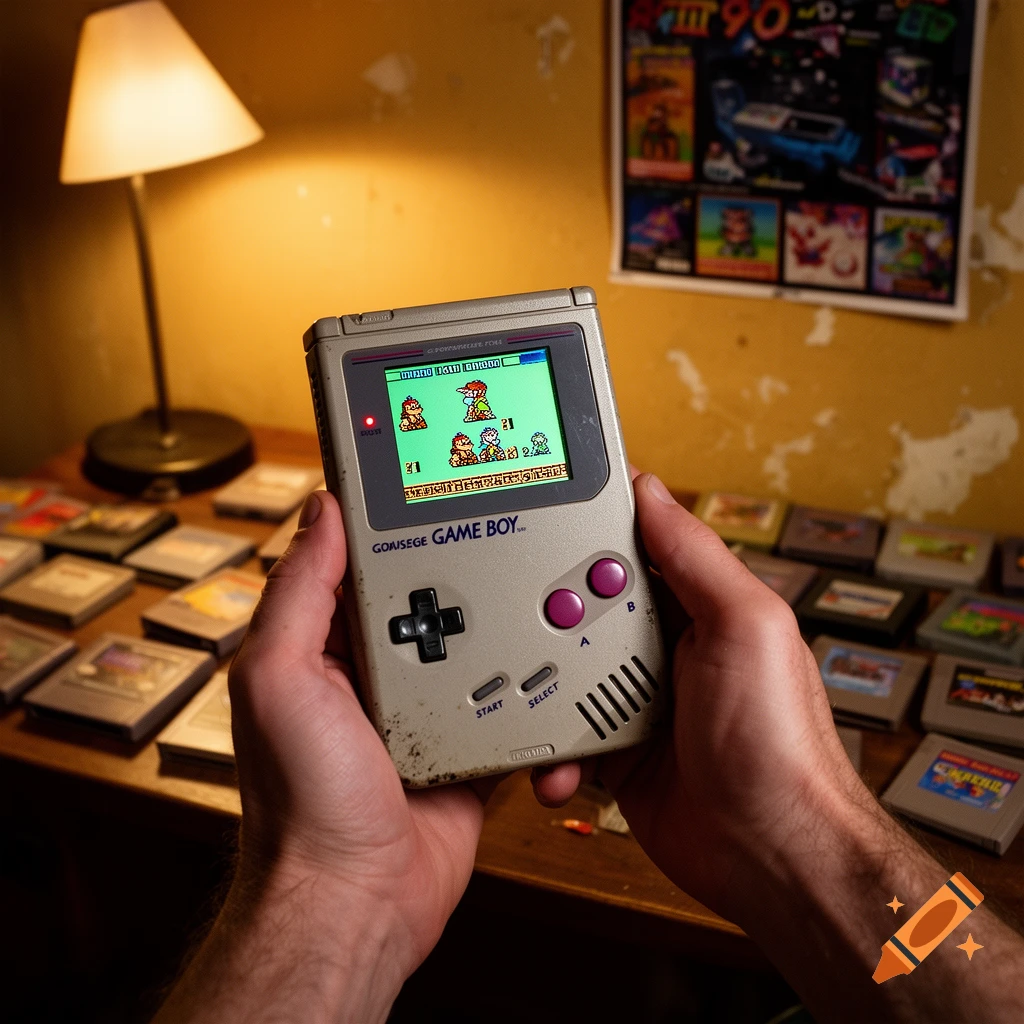 A person holds a gray retro Game Boy console with a pixelated game on its green screen, surrounded by game cartridges.
