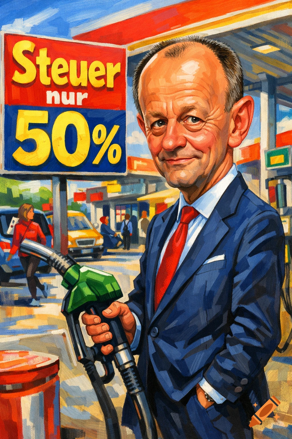 Caricature of Friedrich Merz at a gas station, holding a pump nozzle, with a sign 'Steuer nur 50%' in a painterly style.
