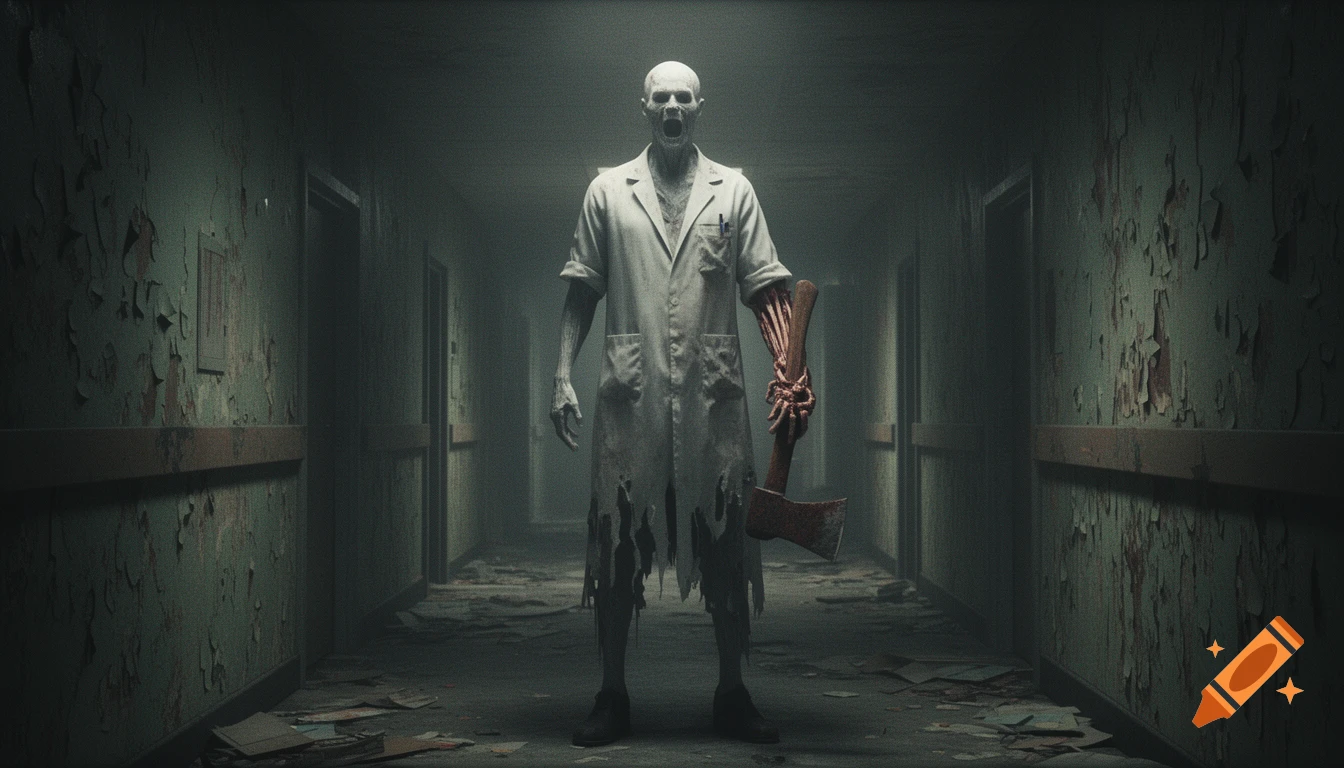 A terrifying, pale man in tattered lab clothes stands in a dark, decaying corridor, holding an axe fused with his right forearm.