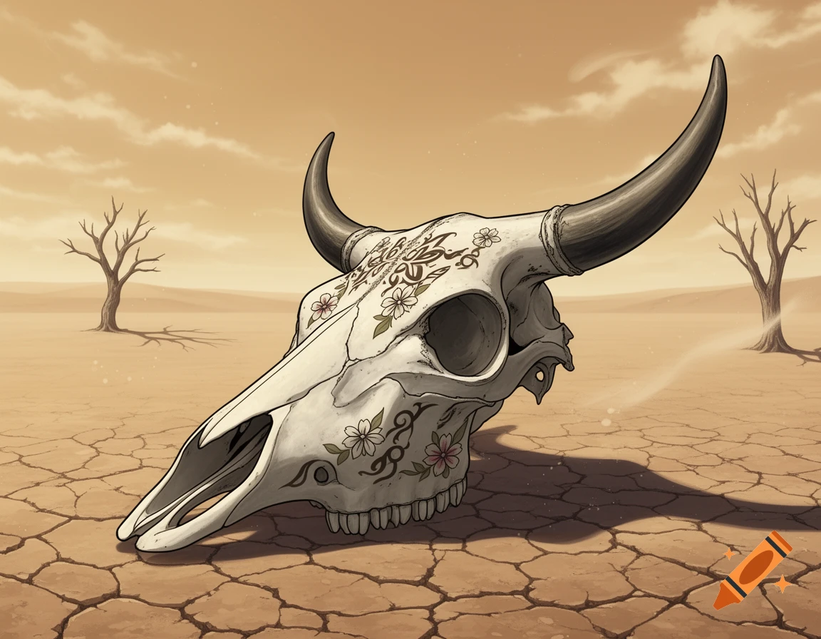 An anime-style cow skull with floral and swirl decorations sits on cracked desert earth with two barren trees under a hazy sky.