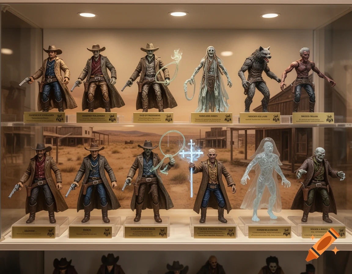 A display case with twelve detailed action figures, including cowboys and supernatural creatures, in a Western-themed setting.