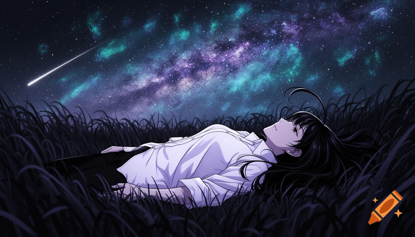 Anime illustration of a woman with black hair lying in tall grass, gazing up at a vibrant purple and teal starry night sky with a shooting star.