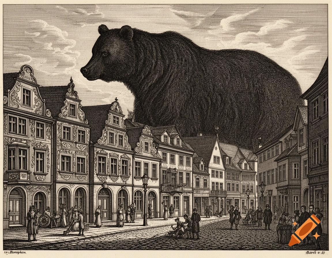 A copper engraving showing a gigantic bear towering over a detailed historic European city street with people.