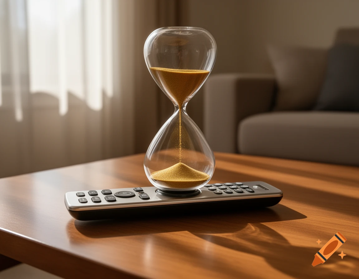 Photorealistic image of an hourglass with sand flowing, resting on a silver remote control on a wooden table.