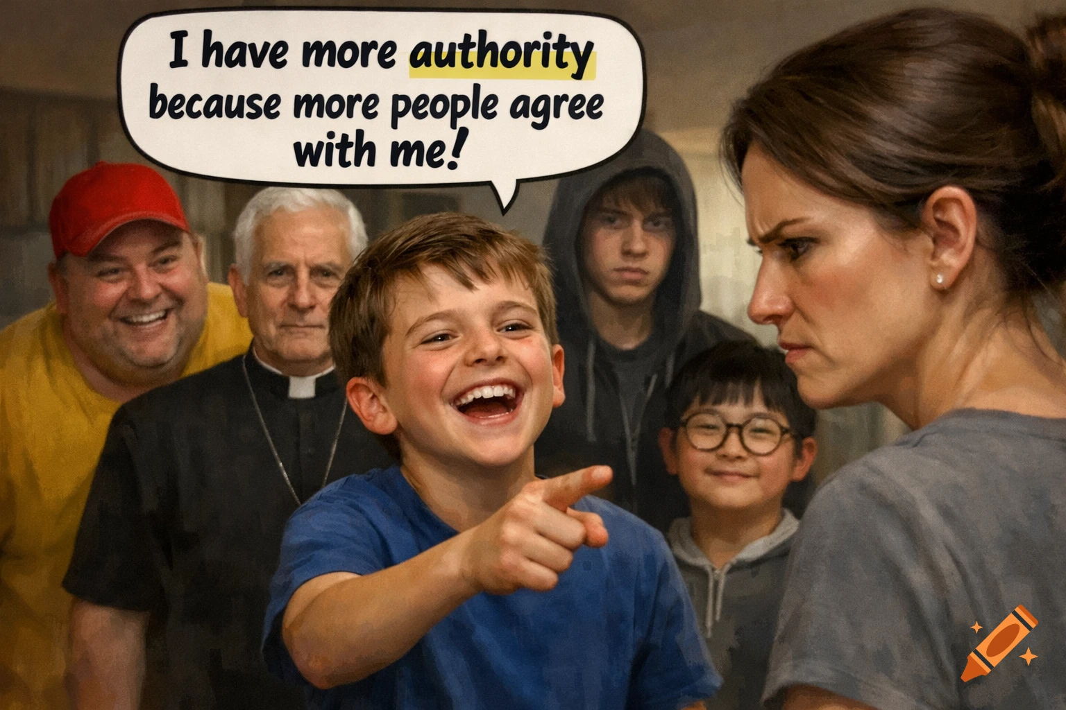 A laughing boy points at a glowering woman, with other adults and children behind him. A speech bubble reads, 'I have more authority because more people agree with me!'