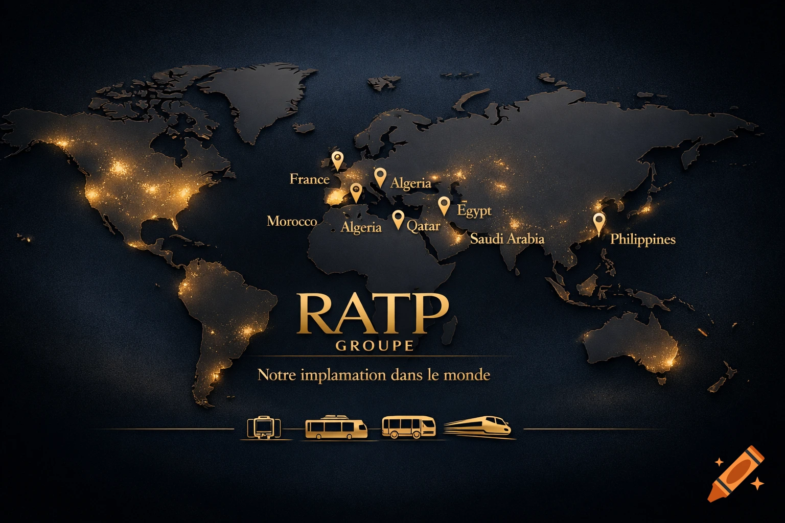 Luxury gold world map infographic for RATP GROUPE, highlighting global presence with countries and transport icons.