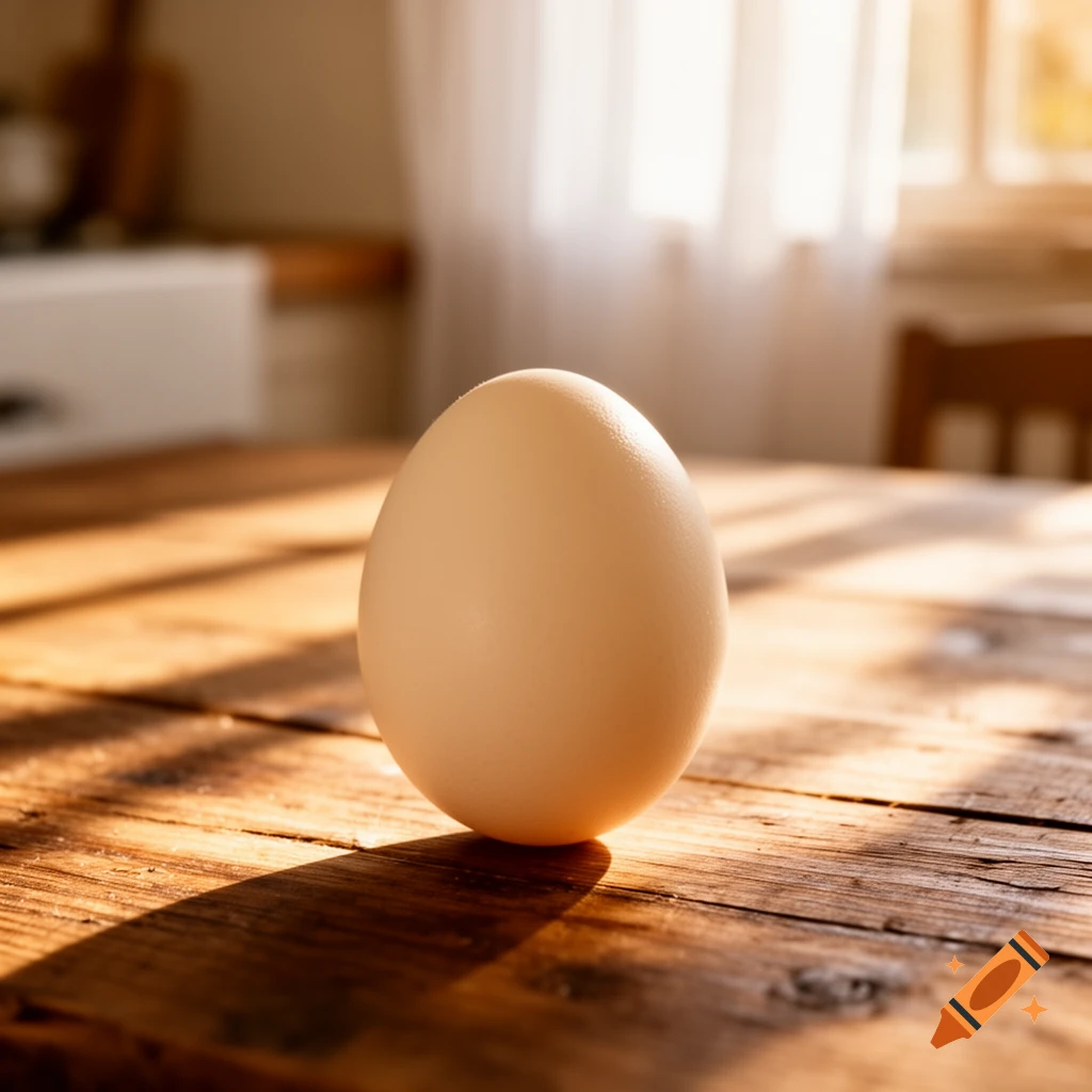 A single brown egg stands upright on a rustic wooden table, illuminated by warm sunlight streaming in from a window in the background.