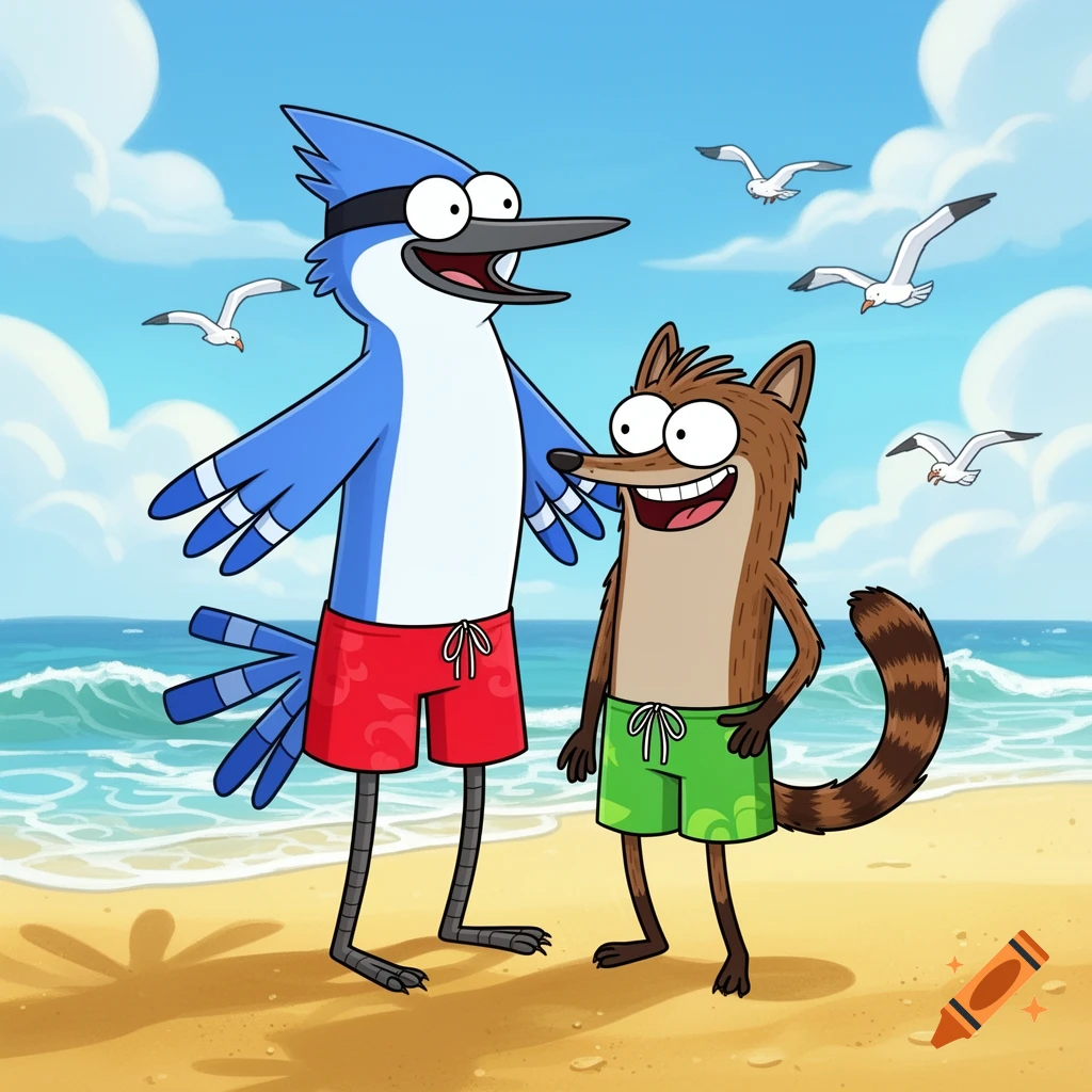 Cartoon Mordecai in red swim trunks and Rigby in green swim trunks smiling on a sunny beach with seagulls.