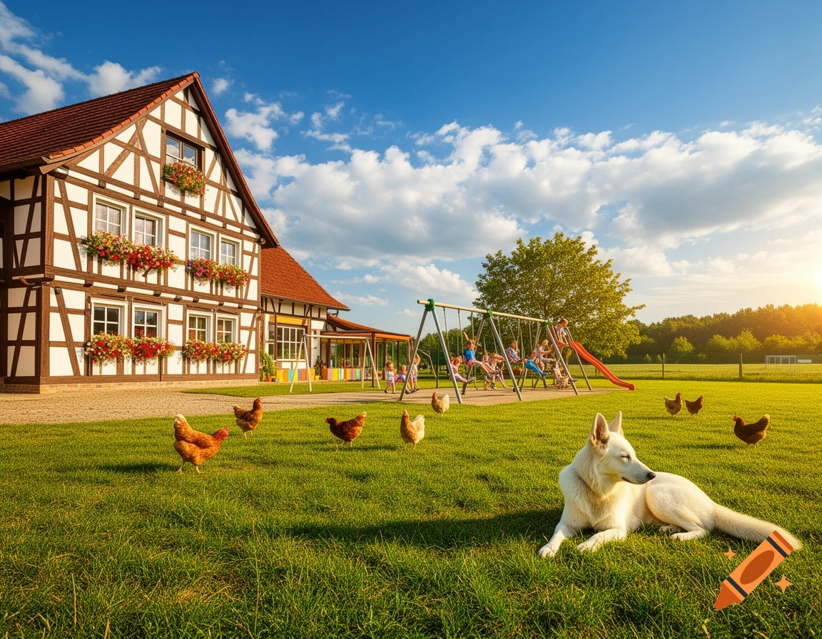 A vibrant, photorealistic scene of a half-timbered house with a playground, where children play in a sunny green meadow with chickens and a white dog.
