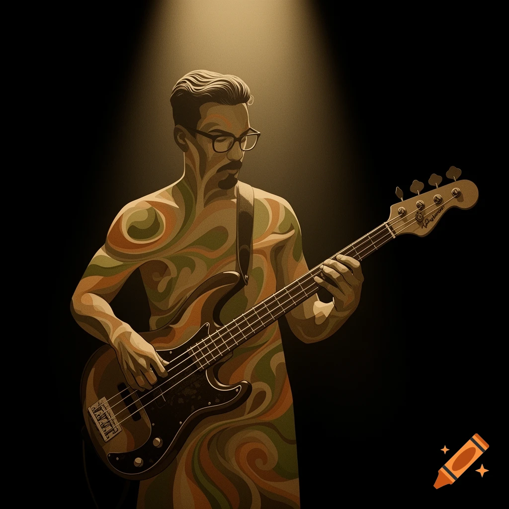 Stylized illustration of a man with glasses playing a bass guitar, his body covered in an earthy swirl pattern, under a spotlight.