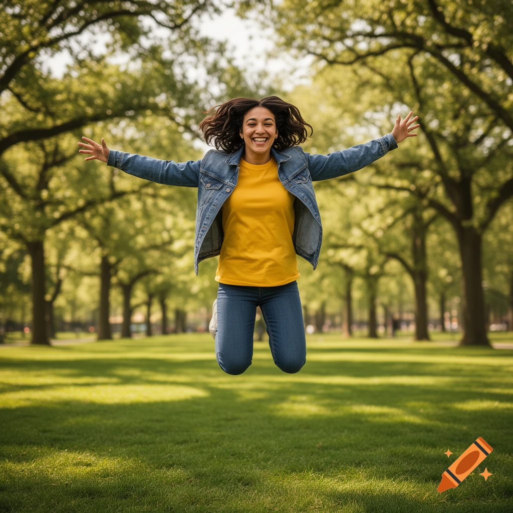 A young woman with curly hair smiles joyfully as she jumps with arms outstretched in a lush green park.
