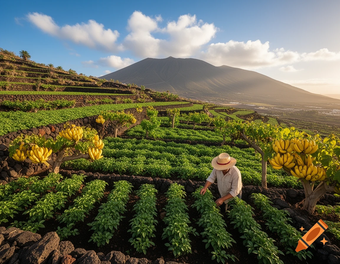A farmer tends terraced fields with banana trees and a volcano in the background under a blue sky, photorealistic.