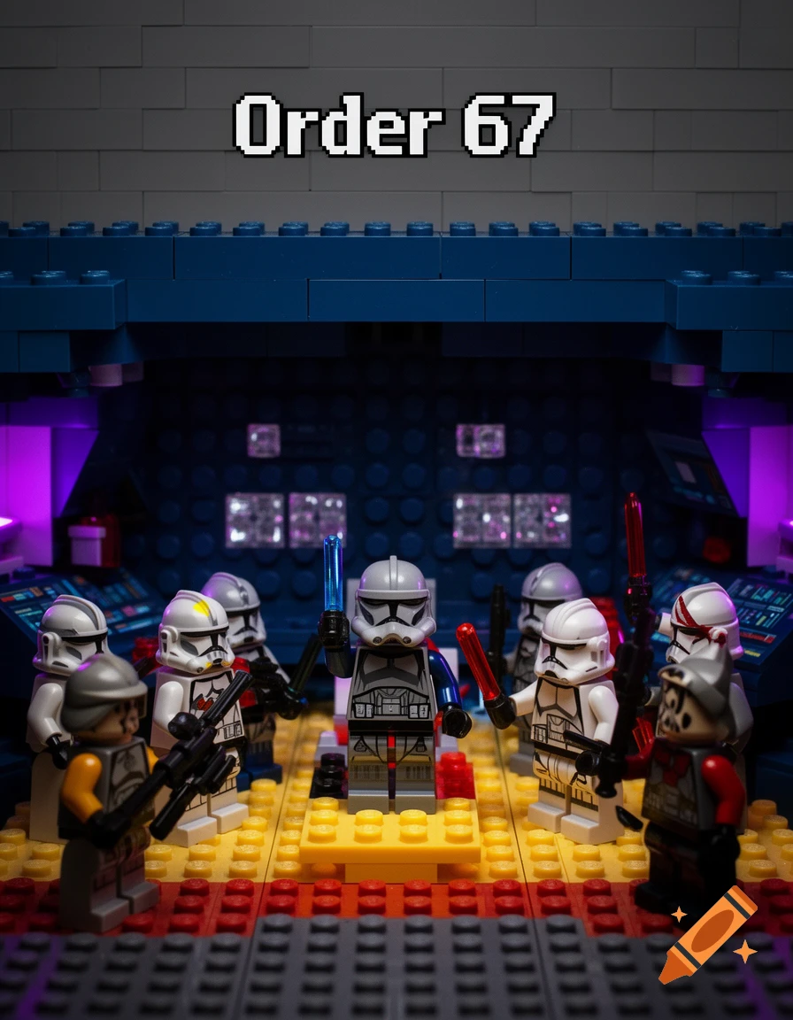 Lego Star Wars clone troopers with lightsabers in a futuristic room under the text 'Order 67'.
